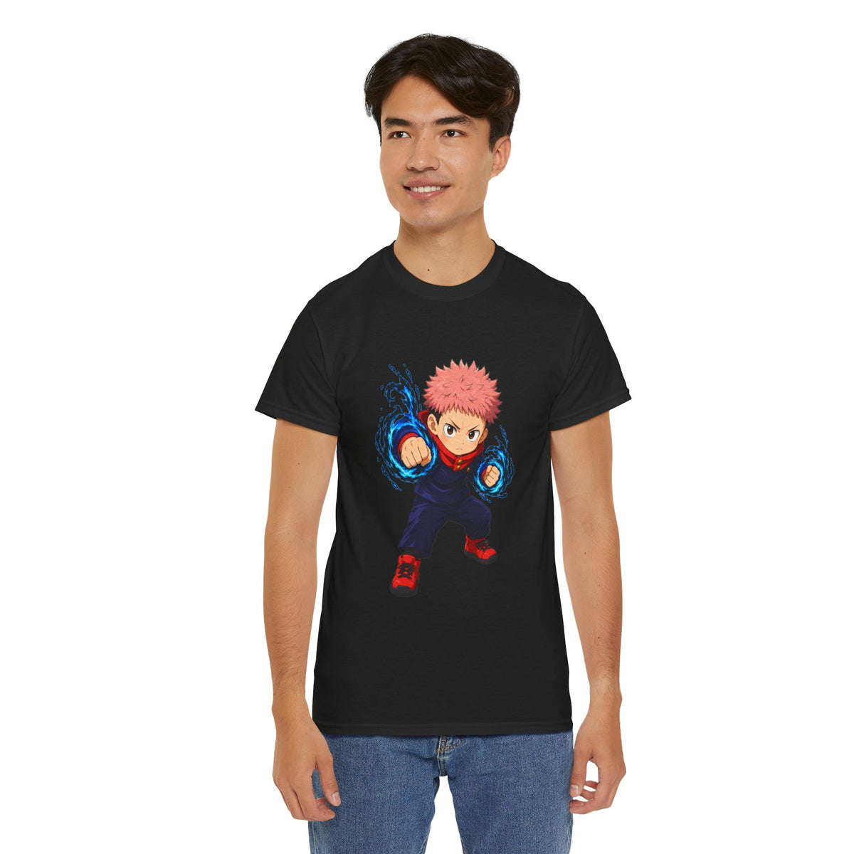 Chibi Fighter Character T-Shirt | Anime Action Pose, Energetic Boy Design