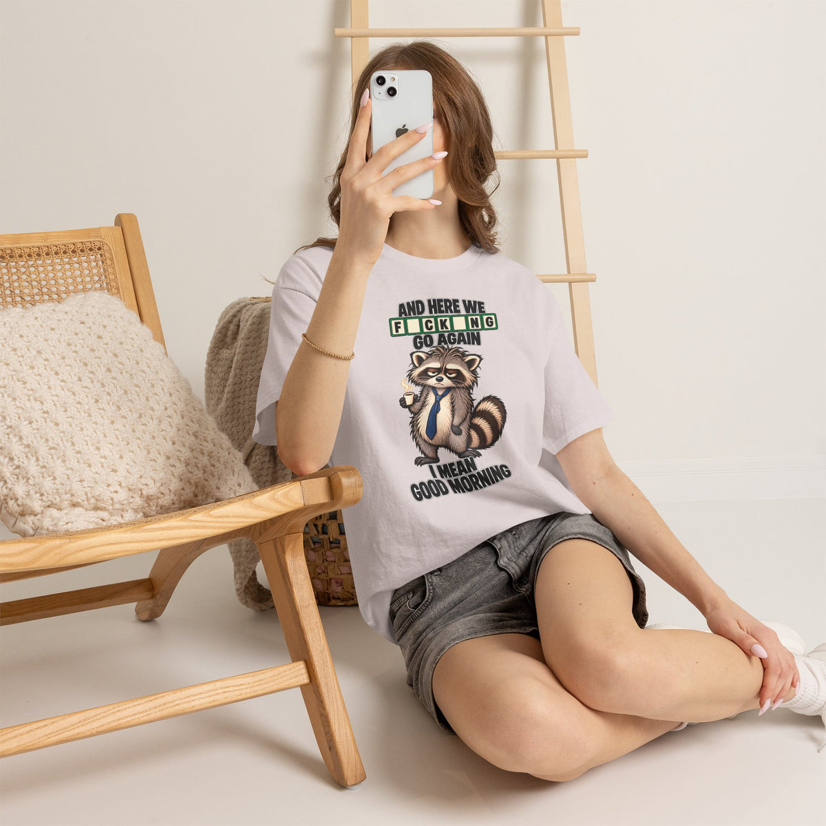 Grumpy Raccoon 'And Here We F*cking Go Again' T-Shirt | Morning Coffee Tee