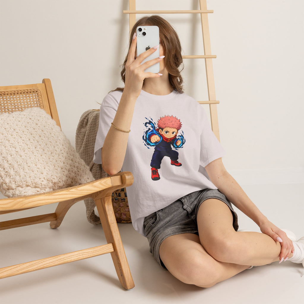 Chibi Fighter Character T-Shirt | Anime Action Pose, Energetic Boy Design