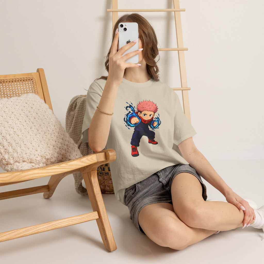 Chibi Fighter Character T-Shirt | Anime Action Pose, Energetic Boy Design