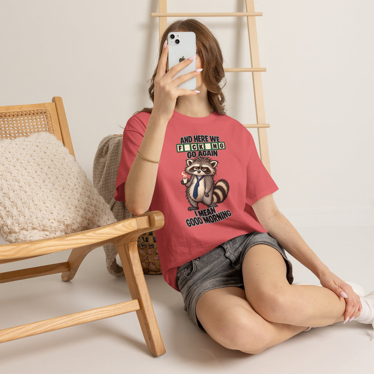 Grumpy Raccoon 'And Here We F*cking Go Again' T-Shirt | Morning Coffee Tee