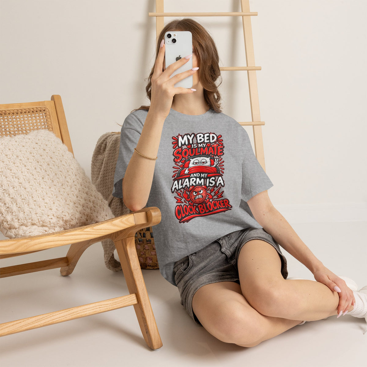 My Bed Is My Soulmate and My Alarm Is a Clock Blocker T-Shirt | Funny Sleep Tee