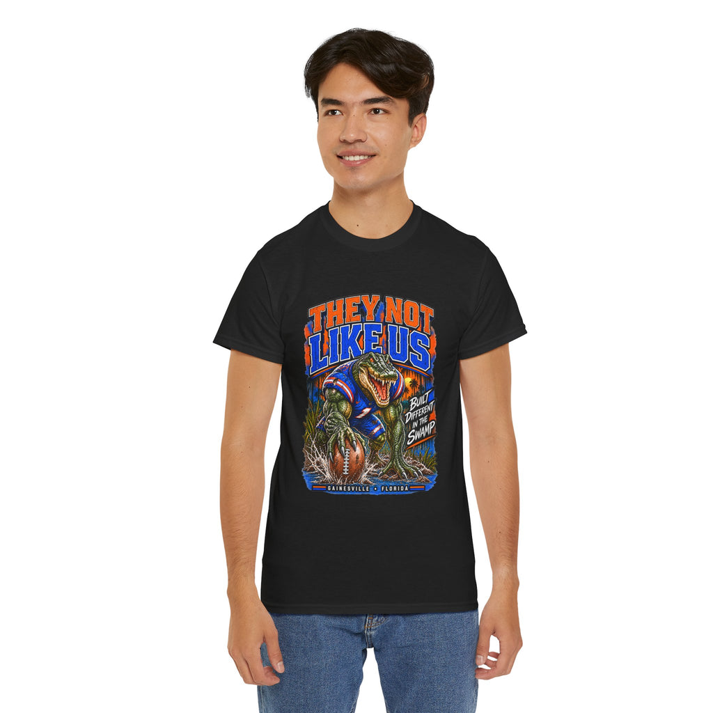 They Not Like Us Alligator Football T-Shirt | Swamp Monster Sports Tee