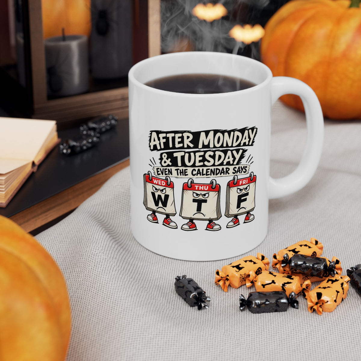 Copy of After Monday Tuesday WTF Calendar Character Mug | Funny Weekday Coffee Cup