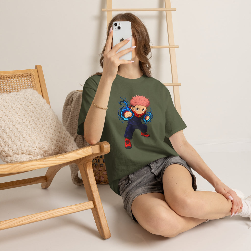 Chibi Fighter Character T-Shirt | Anime Action Pose, Energetic Boy Design