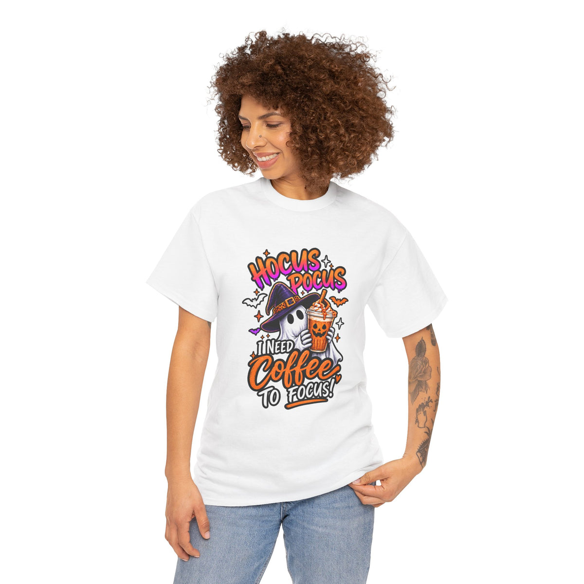 Hocus Pocus I Need Coffee To Focus T-Shirt | Halloween Ghost Witch Coffee Tee | Unisex